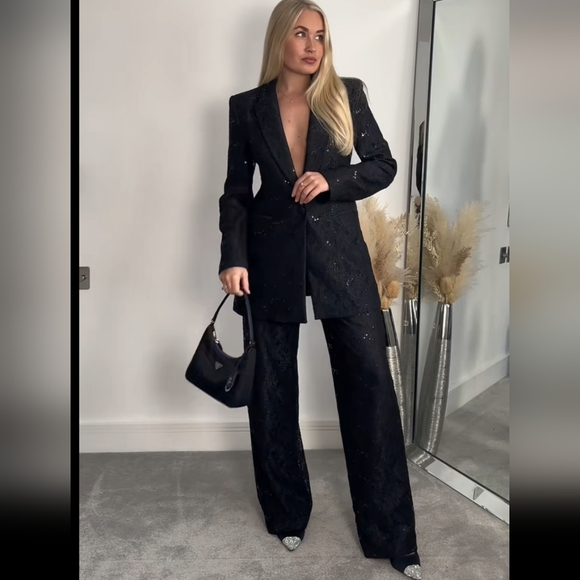 Zara * Limited Edition Black Lace Sequin High Waisted Wide Pants - Picture 2 of 14